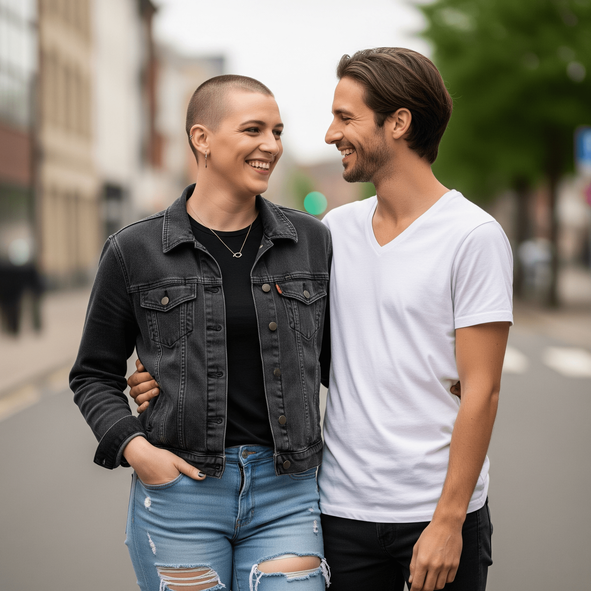 Trans couple smiling